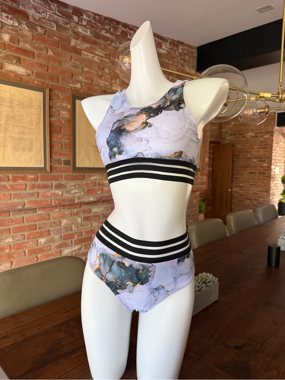 Marble Print Sporty Two-Piece Bikini Set - Lavender & Black